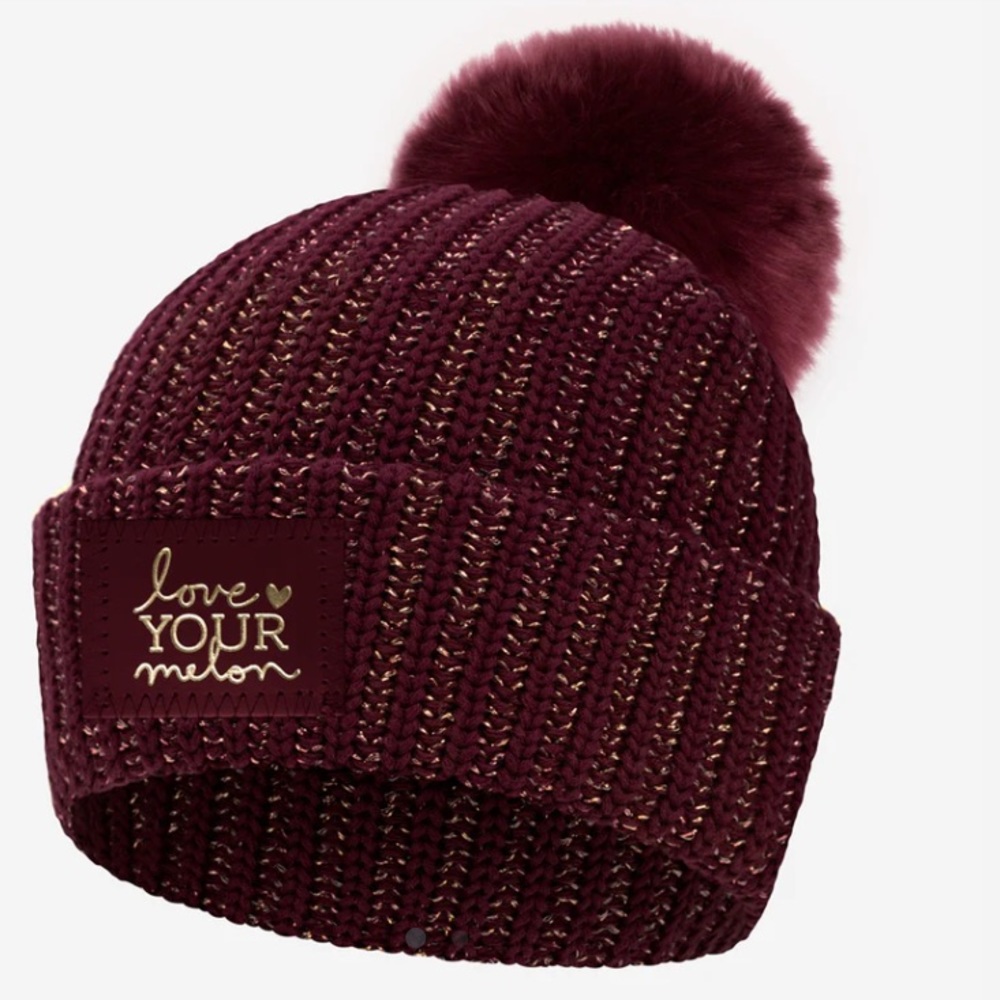 Love Your Melon Burgundy Gold Metallic Yarn Pom Beanie